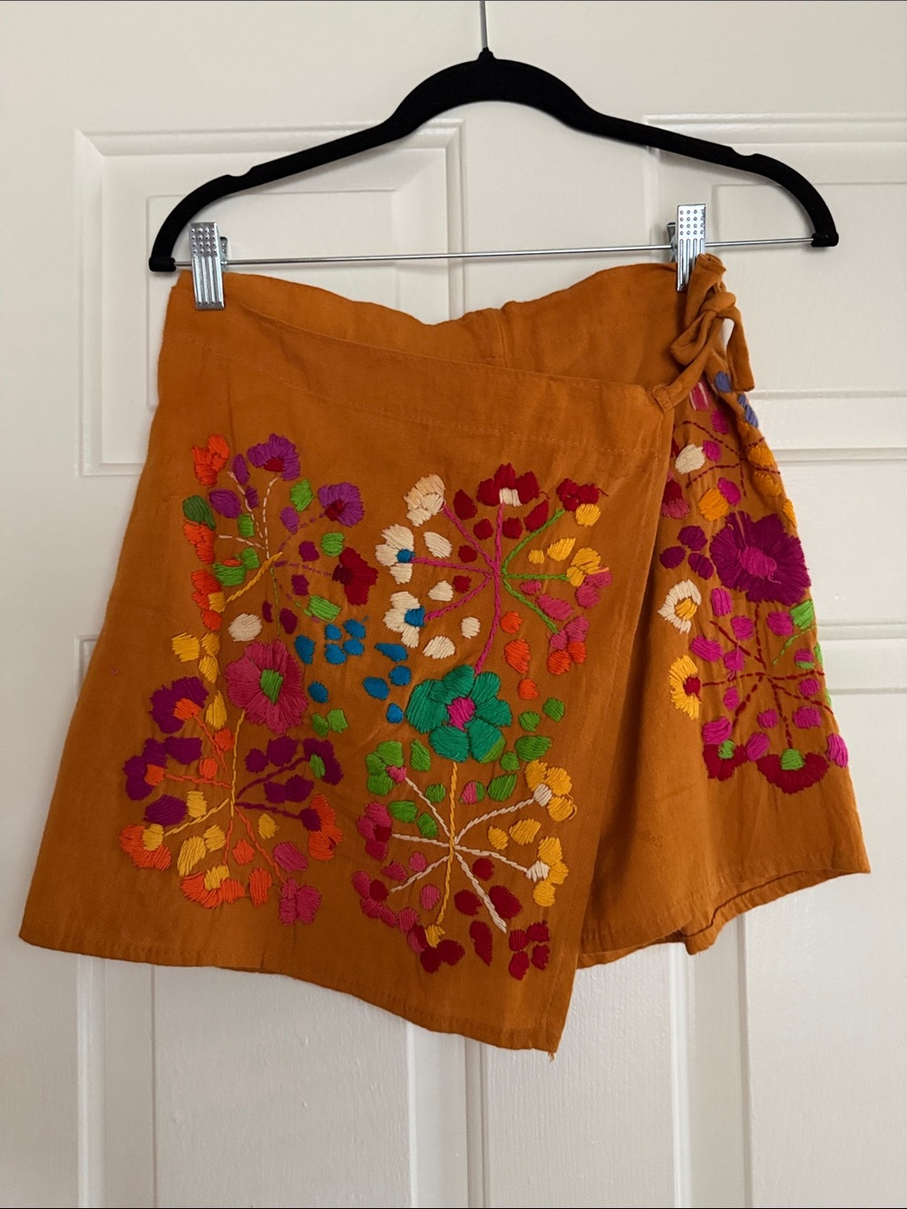 Embroidered Rust Orange Wrap Skirt with Multicolor Floral Motif